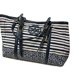 Tory Burch Navy and Cream Striped Tote-Preowned